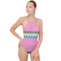 Easter Chevron Pattern Stripes High Neck One Piece Swimsuit View1