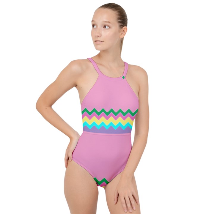 Easter Chevron Pattern Stripes High Neck One Piece Swimsuit