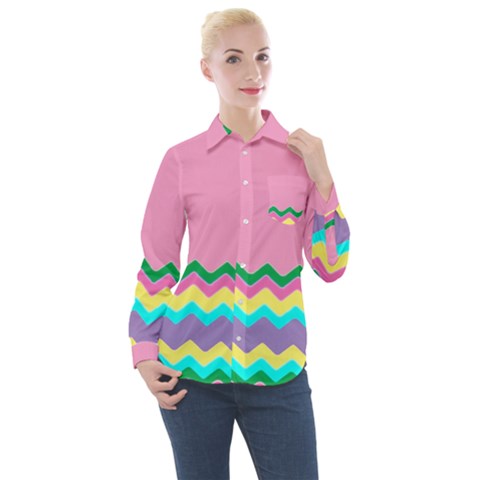 Easter Chevron Pattern Stripes Women s Long Sleeve Pocket Shirt by Hannah976