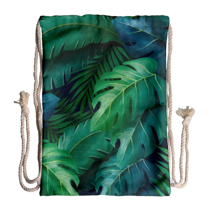 Tropical Green Leaves Background Drawstring Bag (Large)