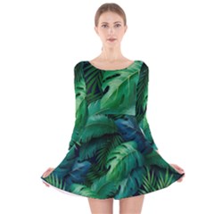 Tropical Green Leaves Background Long Sleeve Velvet Skater Dress by Hannah976