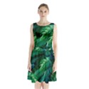 Tropical Green Leaves Background Sleeveless Waist Tie Chiffon Dress View1