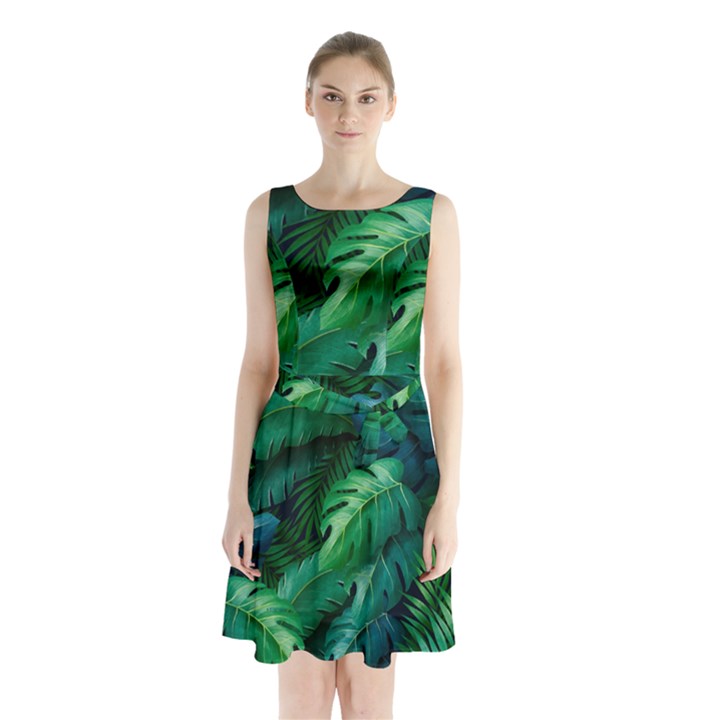 Tropical Green Leaves Background Sleeveless Waist Tie Chiffon Dress