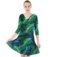 Tropical Green Leaves Background Quarter Sleeve Front Wrap Dress by Hannah976