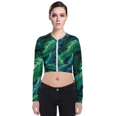 Tropical Green Leaves Background Long Sleeve Zip Up Bomber Jacket by Hannah976