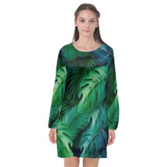 Tropical Green Leaves Background Long Sleeve Chiffon Shift Dress  by Hannah976