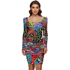 Vector Art Pattern - Women Long Sleeve Ruched Stretch Jersey Dress by Hannah976