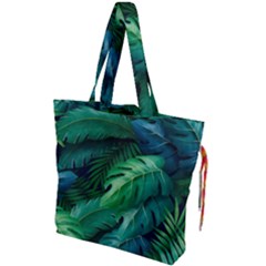 Tropical Green Leaves Background Drawstring Tote Bag by Hannah976