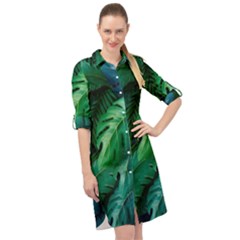 Tropical Green Leaves Background Long Sleeve Mini Shirt Dress by Hannah976