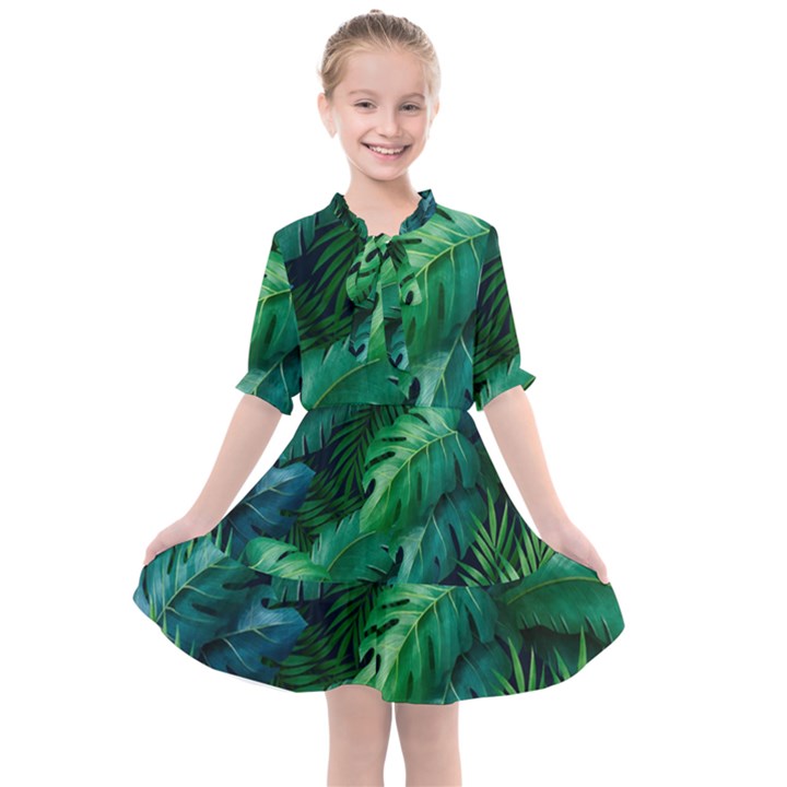 Tropical Green Leaves Background Kids  All Frills Chiffon Dress