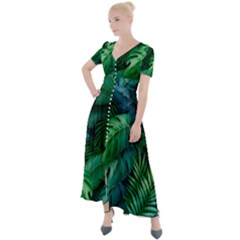 Tropical Green Leaves Background Button Up Short Sleeve Maxi Dress by Hannah976