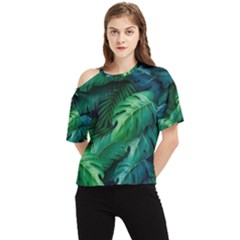 Tropical Green Leaves Background One Shoulder Cut Out T-shirt by Hannah976