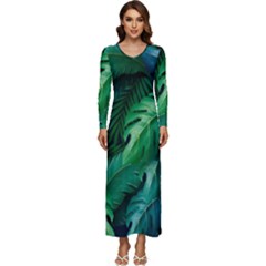 Tropical Green Leaves Background Long Sleeve Longline Maxi Dress by Hannah976