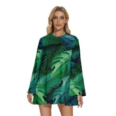 Tropical Green Leaves Background Round Neck Long Sleeve Bohemian Style Chiffon Mini Dress by Hannah976