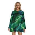 Tropical Green Leaves Background Round Neck Long Sleeve Bohemian Style Chiffon Mini Dress View1