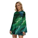 Tropical Green Leaves Background Round Neck Long Sleeve Bohemian Style Chiffon Mini Dress View2