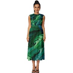 Tropical Green Leaves Background Sleeveless Round Neck Midi Dress by Hannah976