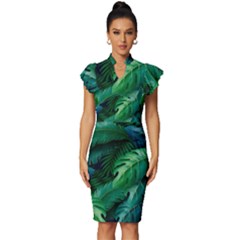 Tropical Green Leaves Background Vintage Frill Sleeve V-neck Bodycon Dress by Hannah976