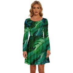 Tropical Green Leaves Background Long Sleeve Wide Neck Velvet Dress by Hannah976