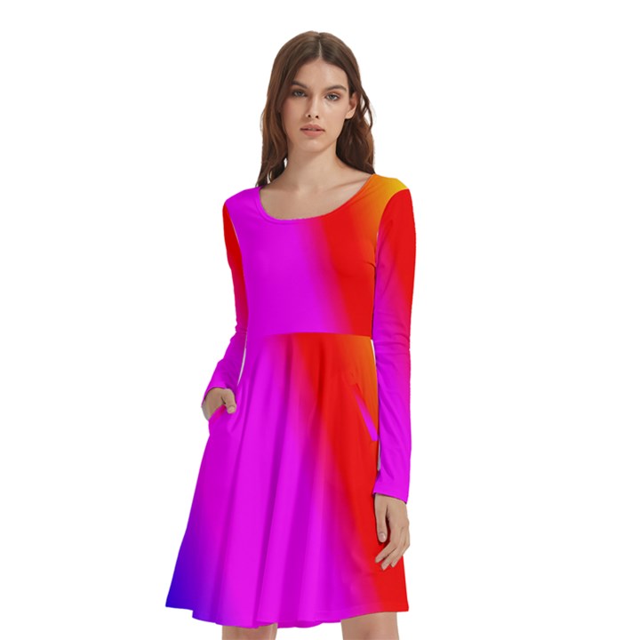 Multi Color Rainbow Background Long Sleeve Knee Length Skater Dress With Pockets