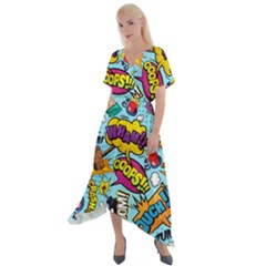 Comic Elements Colorful Seamless Pattern Cross Front Sharkbite Hem Maxi Dress by Hannah976