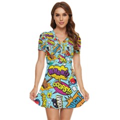 Comic Elements Colorful Seamless Pattern V-neck High Waist Chiffon Mini Dress by Hannah976