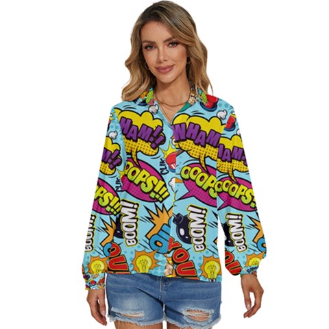 Comic Elements Colorful Seamless Pattern Women s Long Sleeve Button Up Shirt by Hannah976