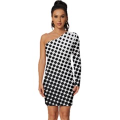 Background-wallpaper-texture-lines Dot Dots Black White Long Sleeve One Shoulder Mini Dress