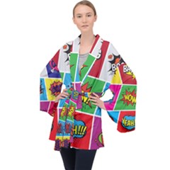 Pop Art Comic Vector Speech Cartoon Bubbles Popart Style With Humor Text Boom Bang Bubbling Expressi Long Sleeve Velvet Kimono 