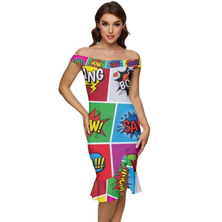 Pop Art Comic Vector Speech Cartoon Bubbles Popart Style With Humor Text Boom Bang Bubbling Expressi Off Shoulder Ruffle Split Hem Bodycon Dress