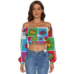 Pop Art Comic Vector Speech Cartoon Bubbles Popart Style With Humor Text Boom Bang Bubbling Expressi Long Sleeve Crinkled Weave Crop Top by Hannah976