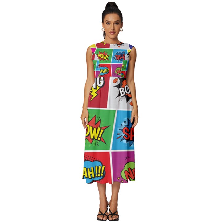 Pop Art Comic Vector Speech Cartoon Bubbles Popart Style With Humor Text Boom Bang Bubbling Expressi Sleeveless Round Neck Midi Dress