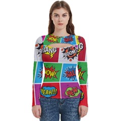 Pop Art Comic Vector Speech Cartoon Bubbles Popart Style With Humor Text Boom Bang Bubbling Expressi Women s Cut Out Long Sleeve T-shirt by Hannah976