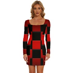 Black And Red Backgrounds- Long Sleeve Square Neck Bodycon Velvet Dress by Hannah976