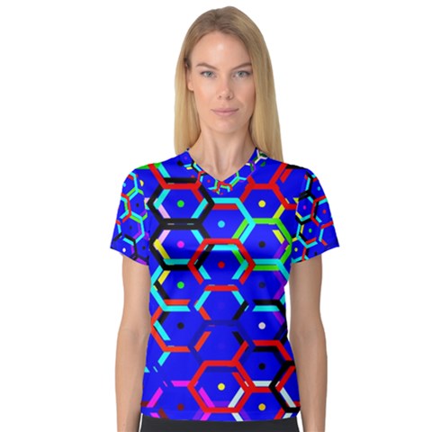 Blue Bee Hive Pattern V-neck Sport Mesh T-shirt by Hannah976