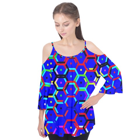 Blue Bee Hive Pattern Flutter Sleeve T-shirt  by Hannah976