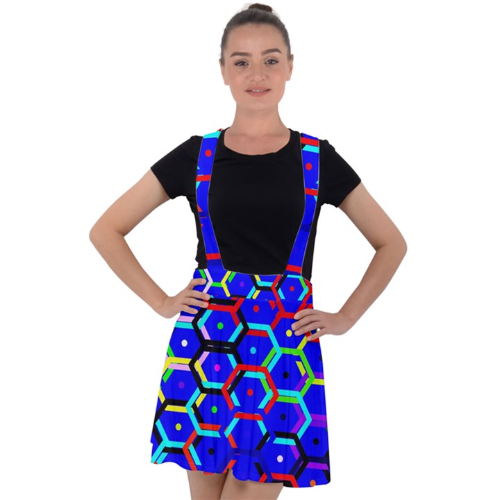 Blue Bee Hive Pattern Velvet Suspender Skater Skirt