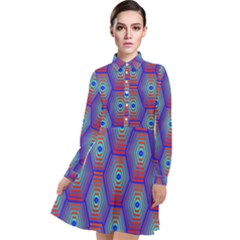 Red Blue Bee Hive Pattern Long Sleeve Chiffon Shirt Dress by Hannah976