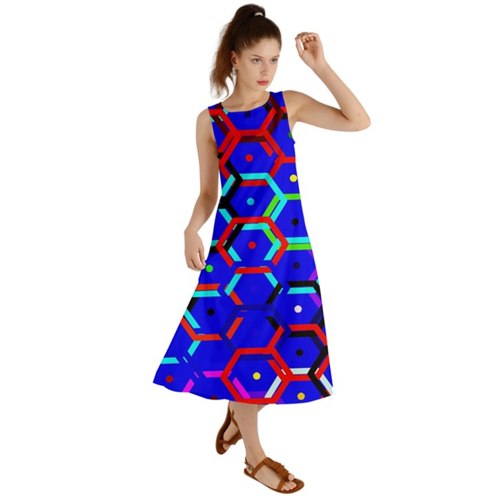 Blue Bee Hive Pattern Summer Maxi Dress