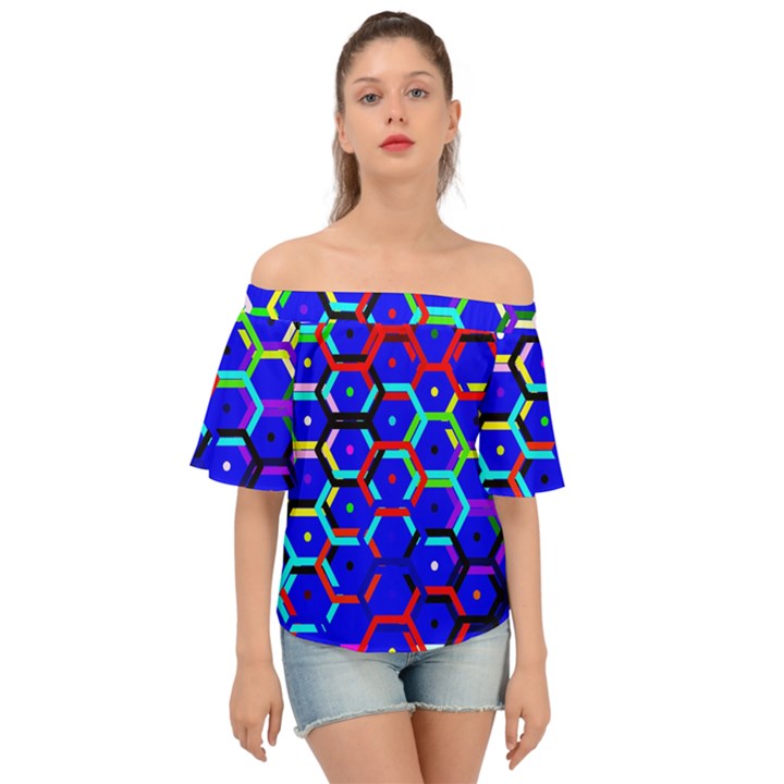 Blue Bee Hive Pattern Off Shoulder Short Sleeve Top