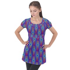 Red Blue Bee Hive Pattern Puff Sleeve Tunic Top by Hannah976