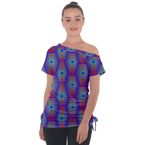 Red Blue Bee Hive Pattern Off Shoulder Tie-up T-shirt by Hannah976