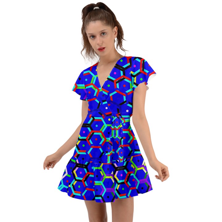 Blue Bee Hive Pattern Flutter Sleeve Wrap Dress