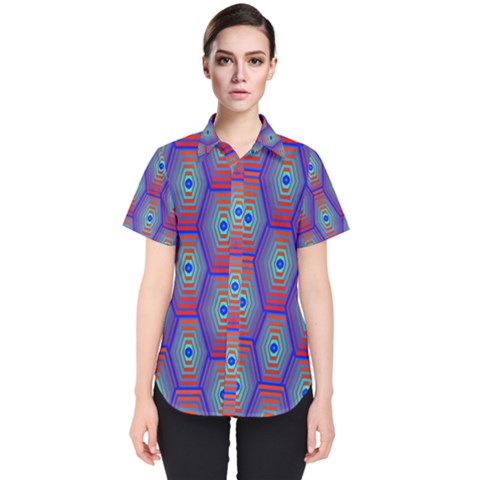 Red Blue Bee Hive Pattern Women s Short Sleeve Shirt by Hannah976