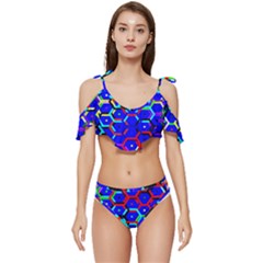 Blue Bee Hive Pattern Ruffle Edge Tie Up Bikini Set	 by Hannah976