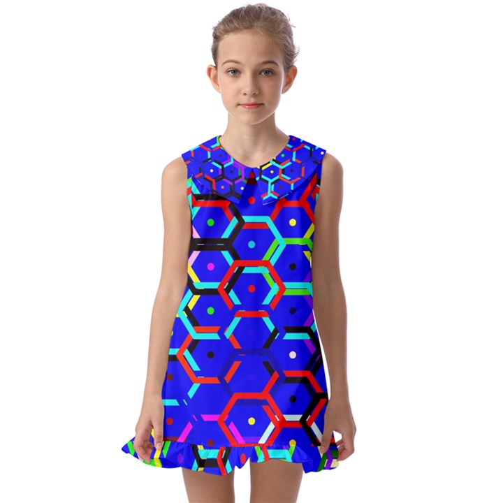 Blue Bee Hive Pattern Kids  Pilgrim Collar Ruffle Hem Dress