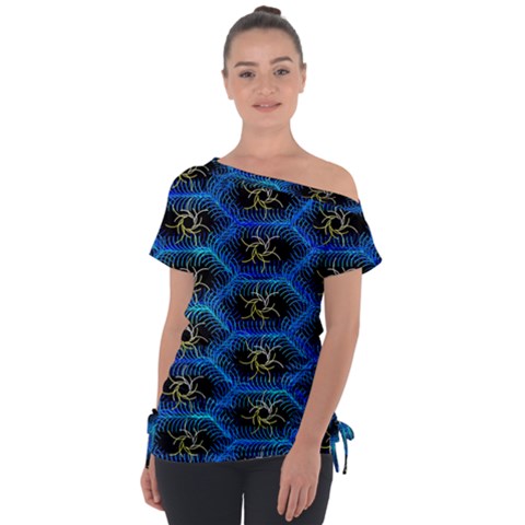 Blue Bee Hive Pattern Off Shoulder Tie-up T-shirt by Hannah976