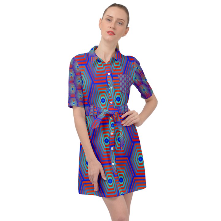 Red Blue Bee Hive Pattern Belted Shirt Dress