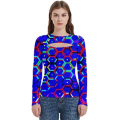 Blue Bee Hive Pattern Women s Cut Out Long Sleeve T-shirt by Hannah976