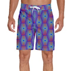 Red Blue Bee Hive Pattern Men s Beach Shorts by Hannah976